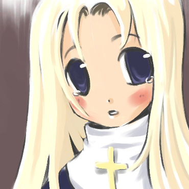 1girl, archived_source, bad_link, black_dress, black_eyes, blonde_hair, blush, brown_background, cross, cross_ornament, dot_nose, dress, guimpe, hair_intakes, jang_sun-yeong, latin_cross, long_hair, looking_to_the_side, lowres, no_pupils, nun, original, parted_lips, simple_background, solo, straight_hair, tears, traditional_nun, upper_body