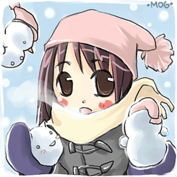 1girl, archived_source, artist_name, bad_link, blue_background, blue_mittens, blush_stickers, border, breath, brown_eyes, coat, duffel_coat, grey_coat, hat, holding_snowman, jang_sun-yeong, looking_at_viewer, lowres, medium_hair, mittens, open_mouth, original, pink_hat, pom_pom_(clothes), pom_pom_hat_ornament, purple_hair, scarf, simple_background, sleeve_cuffs, snowing, snowman, straight_hair, toggles, white_border, winter, winter_clothes, yellow_scarf