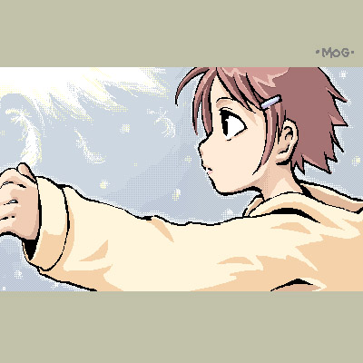 1girl, anime_coloring, archived_source, artist_name, black_eyes, brown_hair, closed_mouth, dithering