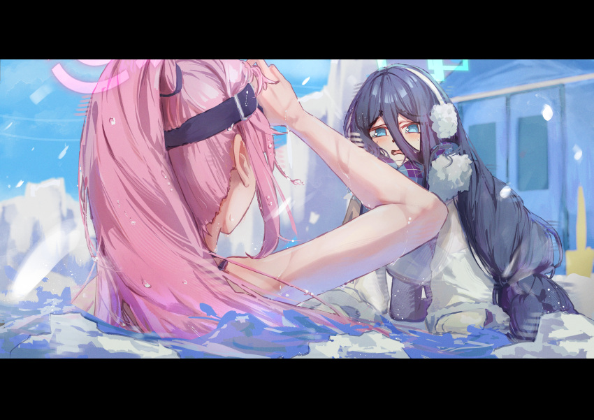 2girls, absurdres, all_fours, aris_(blue_archive), aris_(winter)_(blue_archive), black_hair, black_scarf, blue_archive