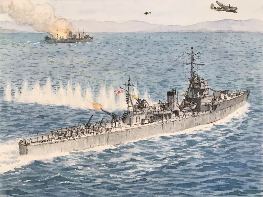 6+boys, aircraft, airplane, atelier_bono, b-24_liberator, commentary_request, fire, firing, firing_into_the_air, highres, imperial_japanese_navy, mast, military_vehicle, multiple_boys, ocean, original, painting_(medium), rising_sun_flag, sailing, ship, sky, smoke, smokestack, sunburst, traditional_media, type_96_aa_gun, type_d_coastal_defense_ship, under_fire, warship, watercolor_(medium), watercraft, waves, world_war_ii