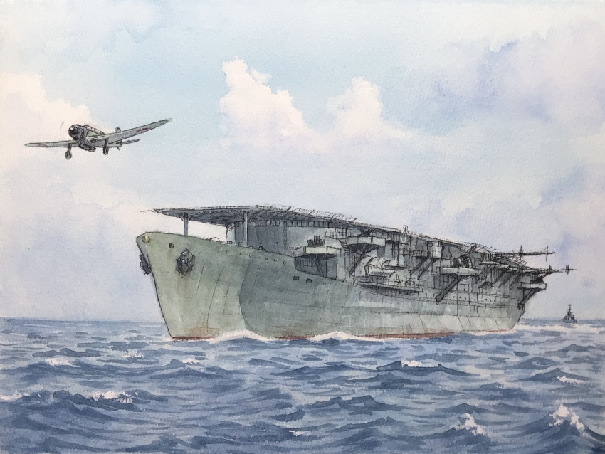 aircraft, aircraft_carrier, airplane, atelier_bono, b5n, blue_sky, bomber, clouds, commentary_request, highres, imperial_japanese_navy, military_vehicle, no_humans, ocean, original, painting_(medium), sailing, shin'you_(aircraft_carrier), ship, sky, takeoff, traditional_media, warship, watercolor_(medium), watercraft, waves, world_war_ii