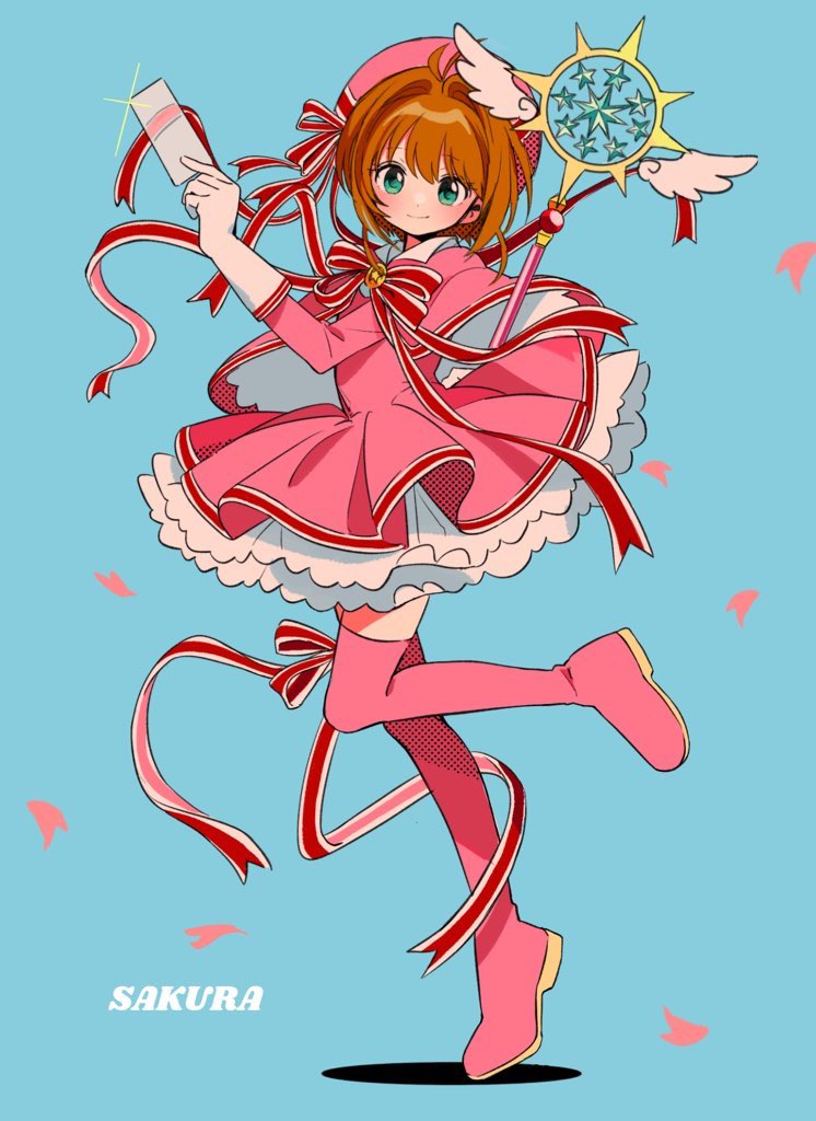 1girl, antenna_hair, blush, boots, bow, bowtie, brown_hair, cardcaptor_sakura, character_name, closed_mouth, commentary, dress, frilled_dress, frills, full_body, gloves, green_eyes, hair_intakes, hat, holding, holding_wand, kinomoto_sakura, kinomoto_sakura_(silk_ribbon), long_sleeves, looking_at_viewer, petals, pink_boots, pink_dress, pink_hat, red_bow, red_bowtie, sanamaru_(sana79261827), short_hair, simple_background, smile, solo, standing, standing_on_one_leg, striped_bow, striped_bowtie, striped_clothes, symbol-only_commentary, thigh_boots, wand, white_gloves