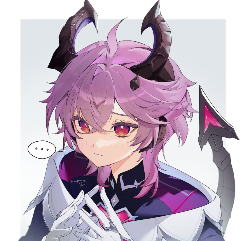 ..., 1boy, artist_name, black_horns, black_shirt, black_tail, blush, closed_mouth
