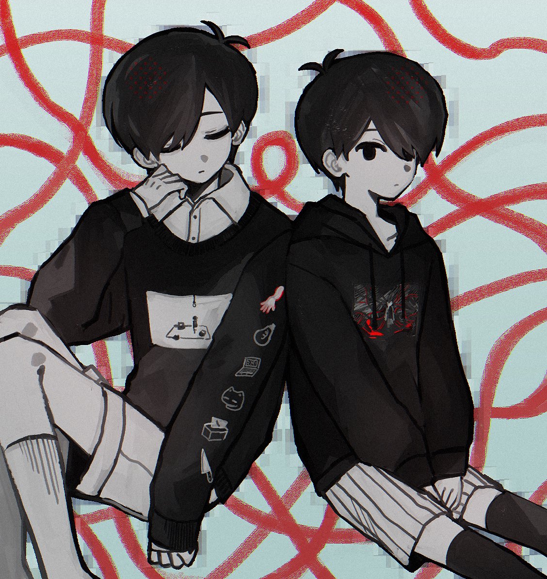 2boys, alternate_costume, antenna_hair, black_eyes, black_hair, black_sweater, black_thighhighs, closed_eyes