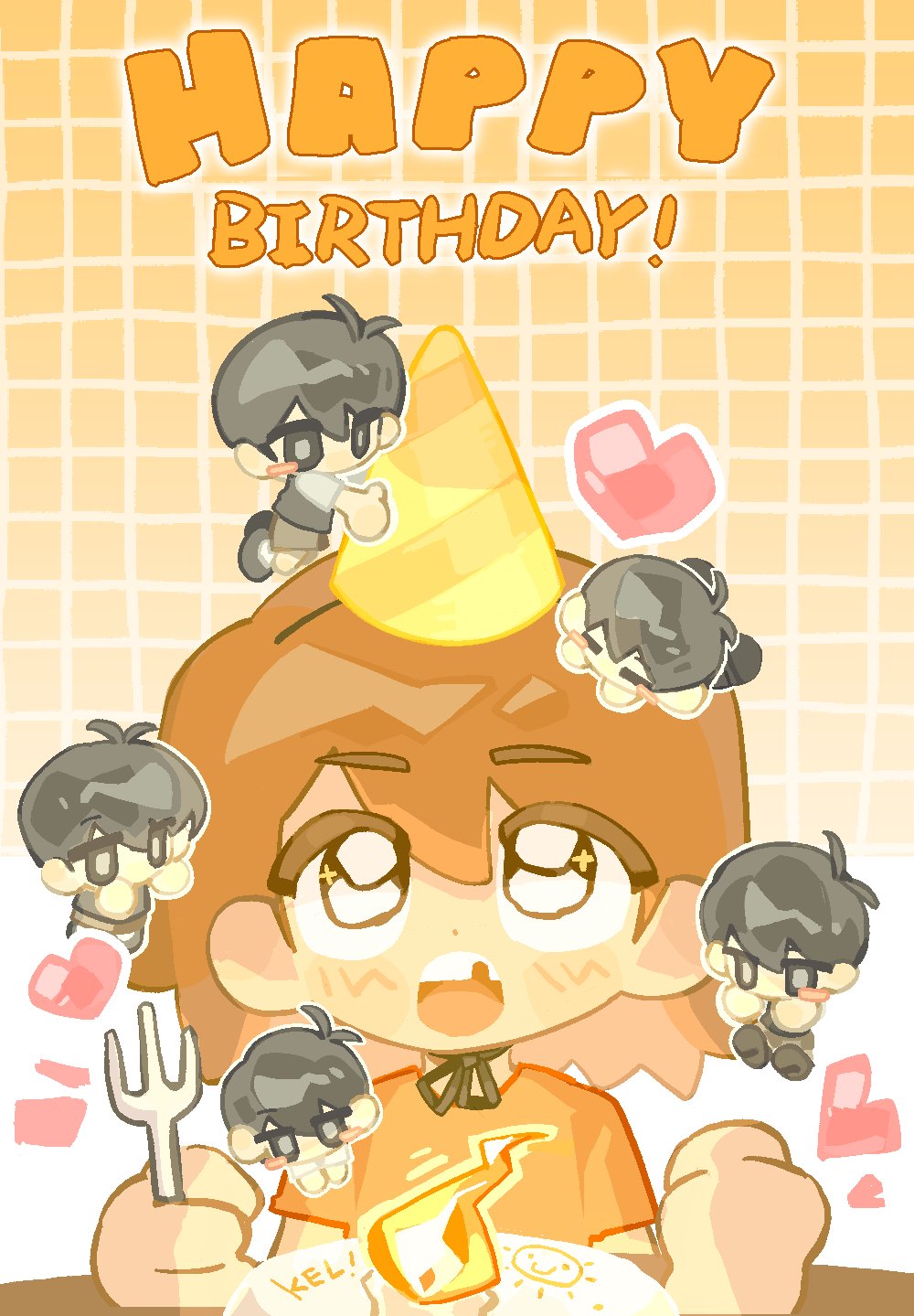 2boys, aged_down, alternate_costume, birthday_cake, black_eyes, black_hair, black_shoes, black_sweater_vest