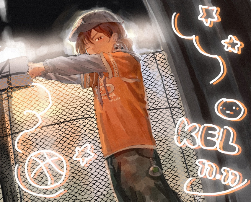1boy, alternate_eye_color, baseball_cap, brown_eyes, brown_hair, camouflage, camouflage_shorts, character_name
