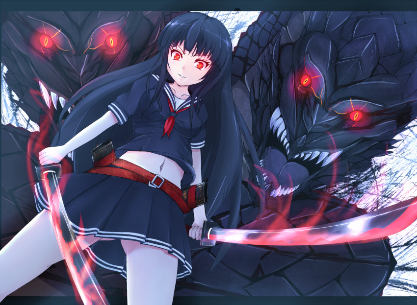 belt, box_sentou_shoujo, breasts, dragon, dual_wielding, fangs, female, flaming_sword
