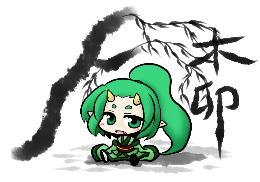 fang, green_eyes, green_hair, horns, pixiv_fairy, pointy_ears, ponytail, sitting