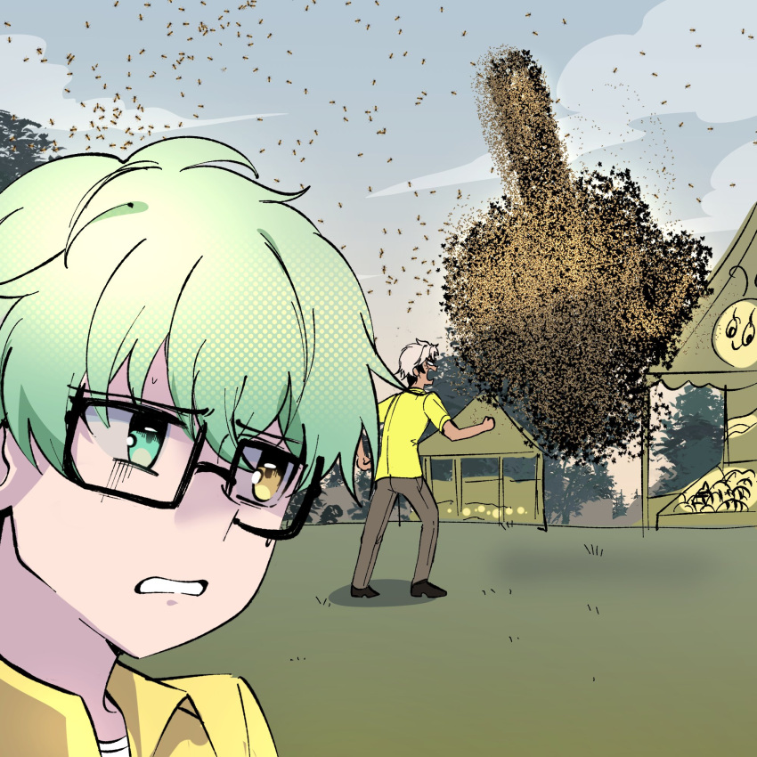 2boys, bee, blue_sky, bug, commentary, day, english_commentary, glasses
