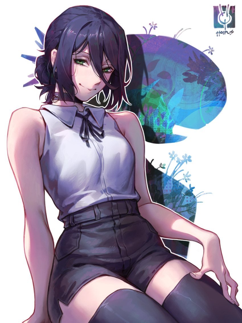 1girl, absurdres, black_choker, black_ribbon, chainsaw_man, choker, green_eyes, grenade_pin