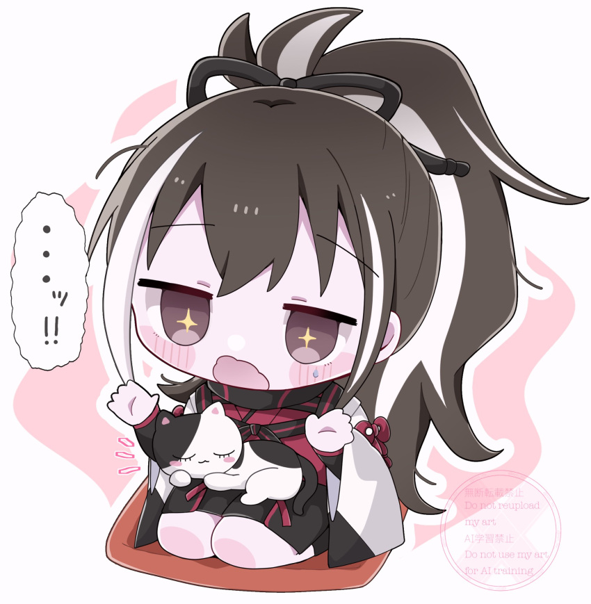 1girl, black_eyes, black_hair, blush, cat, chibi, fate/grand_order, fate_(series)
