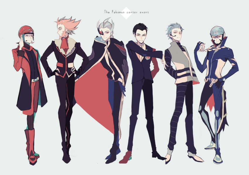 6+boys, absurdres, archie_(pokemon), arm_behind_back, arm_up, arms_behind_back, ascot, black_cloak
