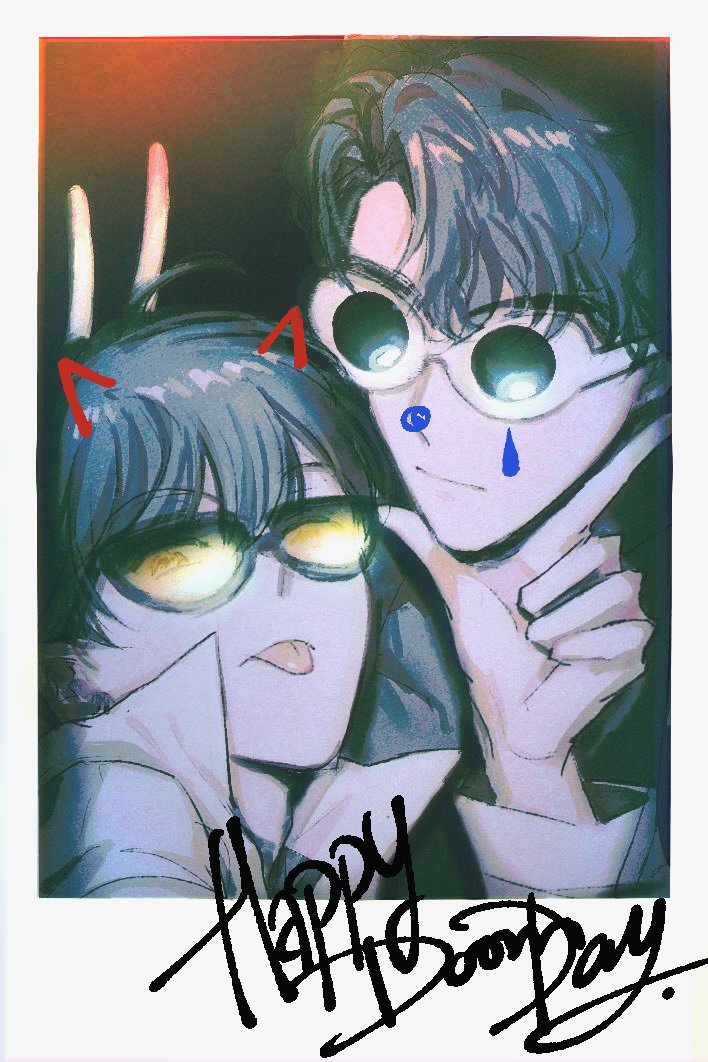 2boys, :p, black_coat, black_hair, border, bunny_ears_prank, coat, curtained_hair