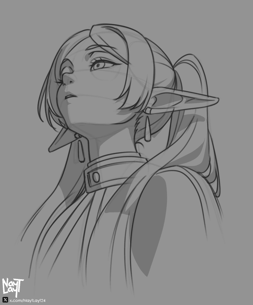 1girl, artist_name, capelet, earrings, elf, frieren, from_below, greyscale