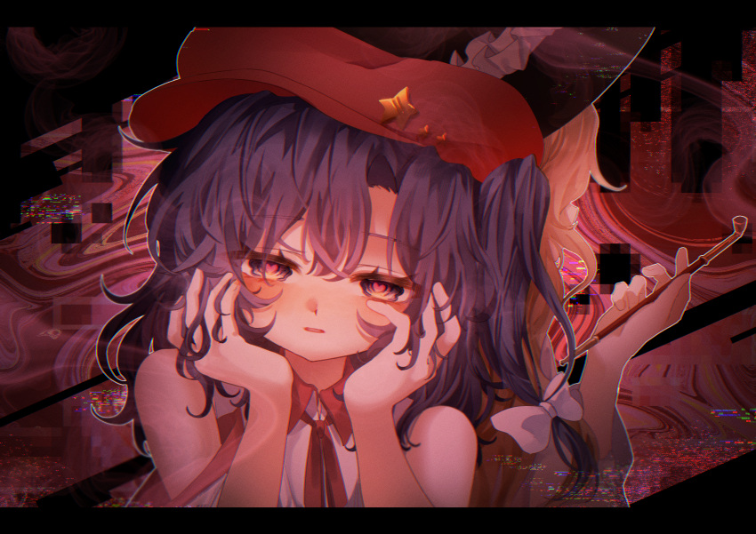 2girls, absurdres, bare_shoulders, black_hat, dolls_in_pseudo_paradise, glitch, hat, hat_ornament