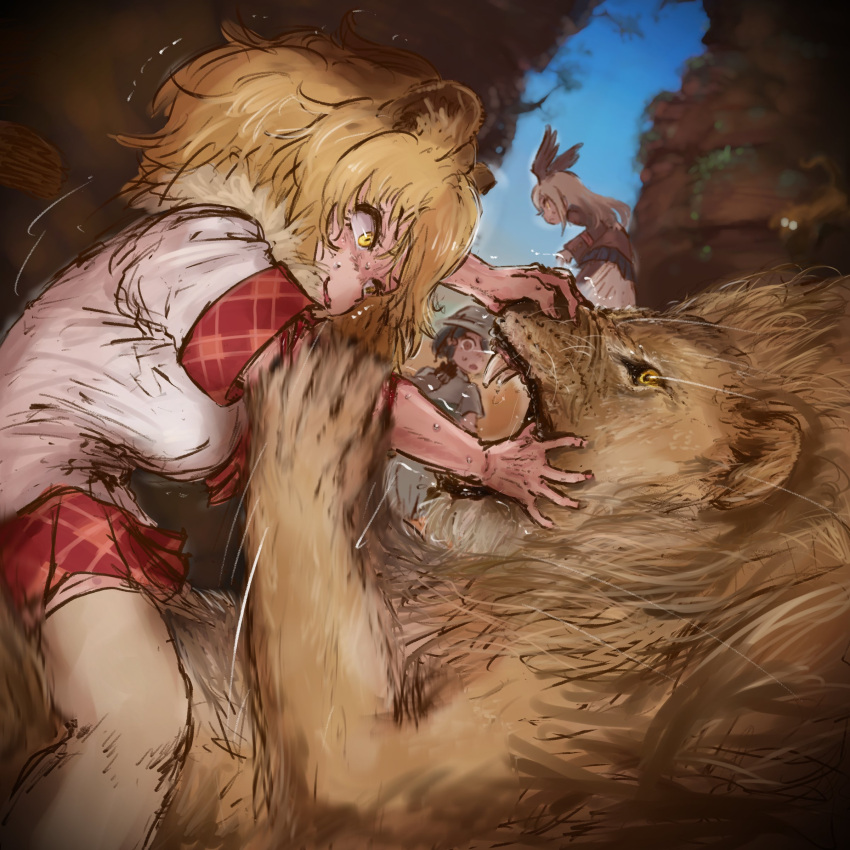 3girls, absurdres, animal_ears, bald_eagle_(kemono_friends), bird_girl, bird_tail, bird_wings, black_hair