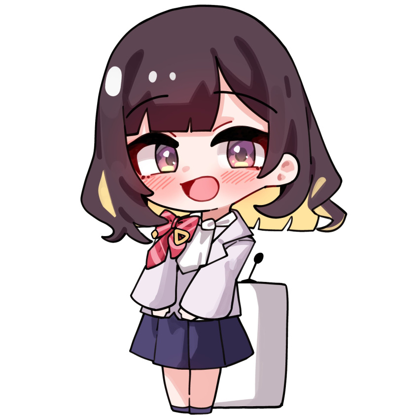 1girl, ascot, blonde_hair, blush, bow, brown_hair, chibi, colored_inner_hair