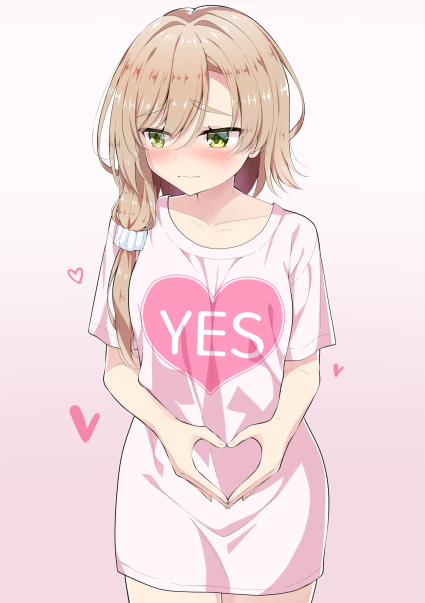 1girl, alternate_costume, blush, brown_hair, casual, closed_mouth, clothes_writing, collarbone