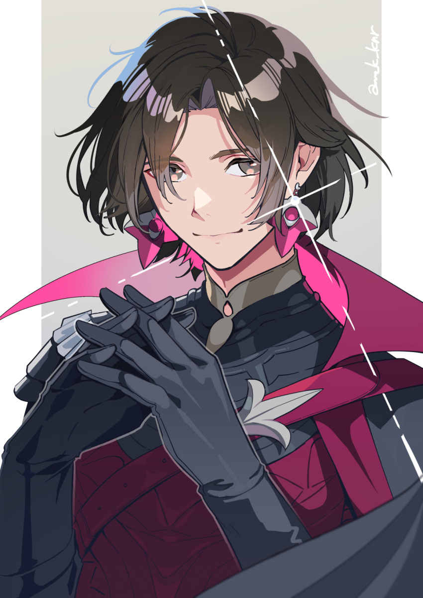 1boy, age_nasuo, armor, black_armor, black_cape, black_gloves, black_hair, border, cape, closed_mouth, constantine_xi_(fate), constantine_xi_(second_ascension)_(fate), curtained_hair, diffraction_spikes, earrings, fate/grand_order, fate_(series), glint, gloves, grey_background, grey_eyes, hands_up, highres, interlocked_fingers, jewelry, looking_at_viewer, male_focus, outside_border, own_hands_together, parted_bangs, pillarboxed, red_armor, red_cape, short_hair, shoulder_armor, shoulder_belt, side_cape, sideways_glance, smile, solo, two-sided_cape, two-sided_fabric, upper_body, white_border