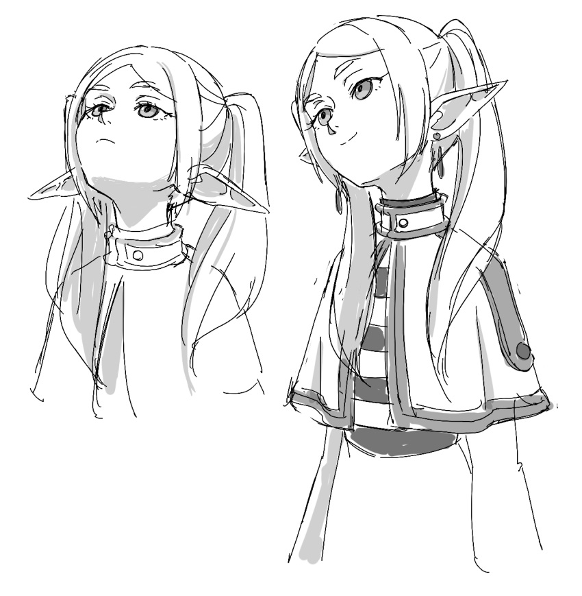 1girl, capelet, commentary, cropped_shoulders, earrings, elf, english_commentary, frieren
