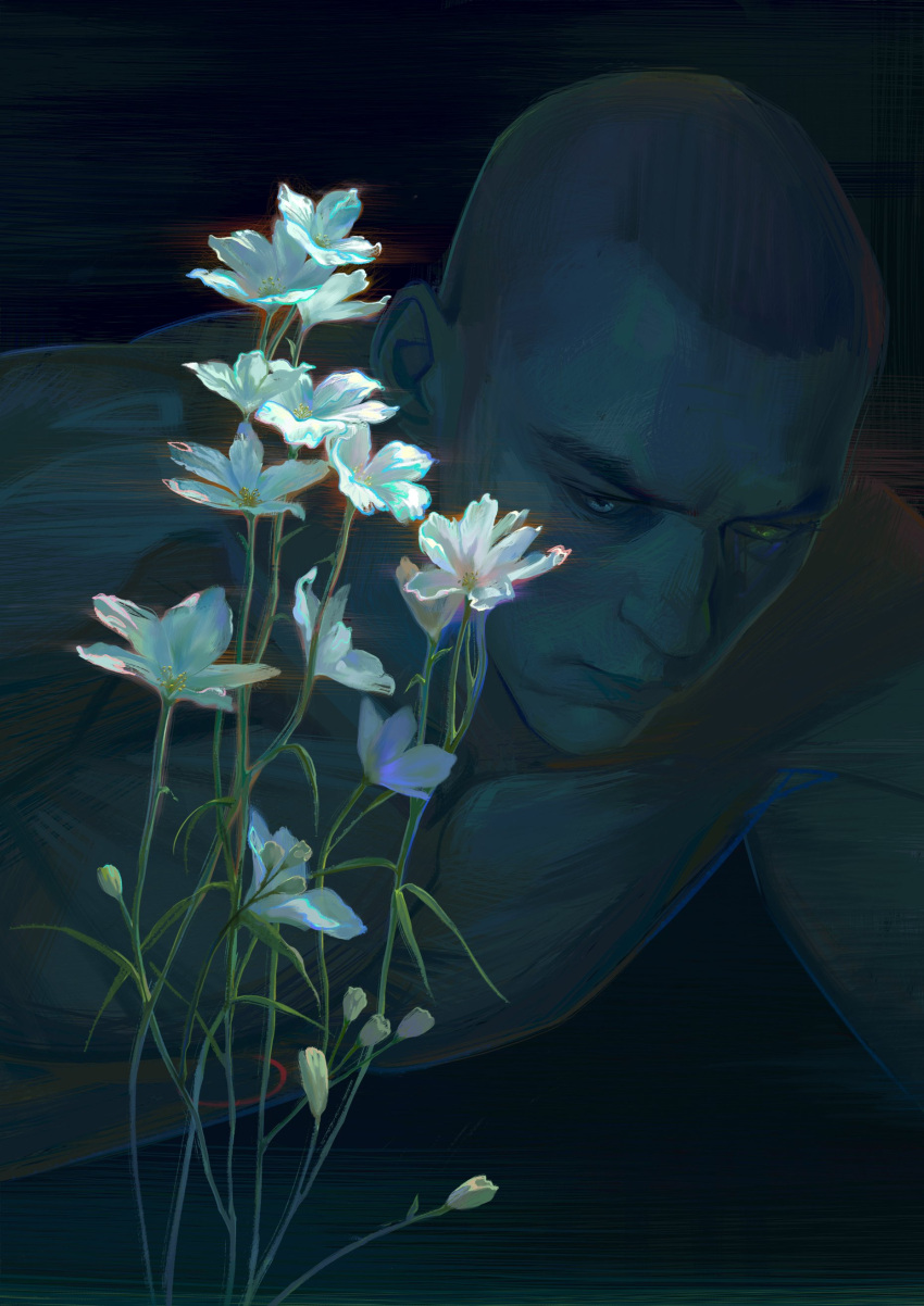 1boy, absurdres, android, black_background, closed_mouth, dark-skinned_male, dark_skin, detroit:_become_human