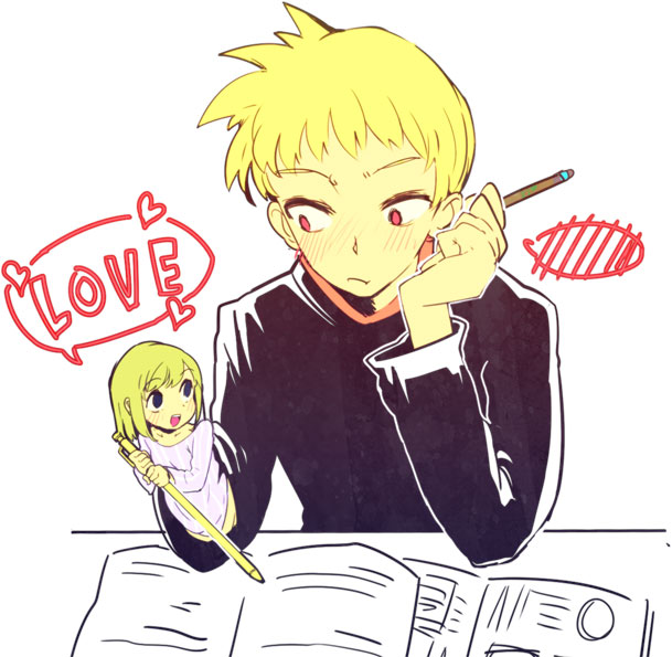 blush, green_hair, heart, kasugano_midori, midori_no_hibi, minigirl, pencil, rawan, red_eyes, sawamura_seiji, spoken_blush, spoken_heart