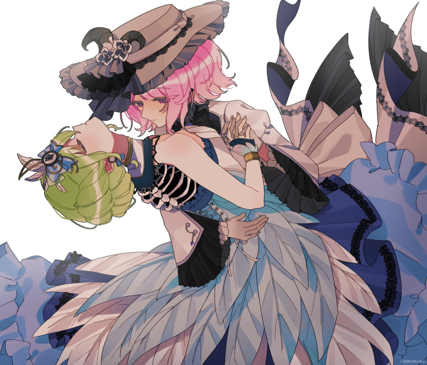 2girls, bare_arms, blue_dress, closed_eyes, closed_mouth, commentary, dip_(dance_move), dress, green_hair, hair_up, hand_on_another's_waist, highres, holding_hands, interlocked_fingers, kusanagi_nene, long_dress, multiple_girls, ootori_emu, parted_lips, pink_eyes, pink_hair, project_sekai, short_hair, simple_background, smile, symbol-only_commentary, the_coconutnut, white_background, white_dress, white_hair, yuri