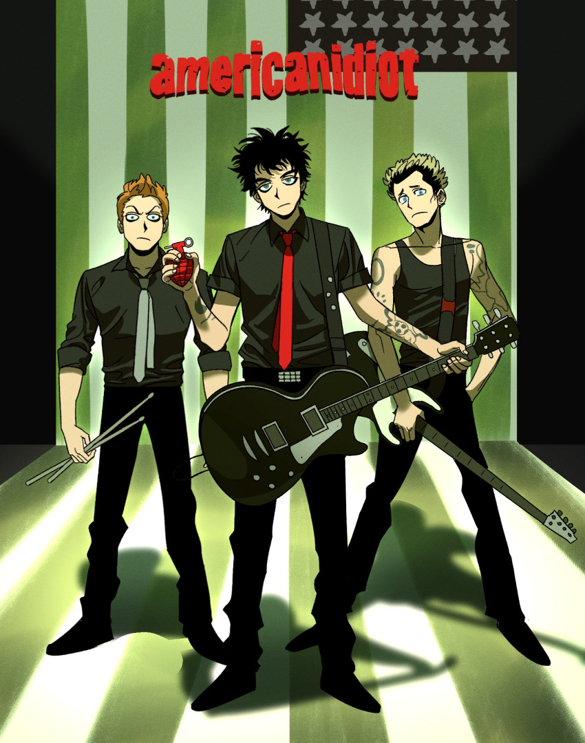 >:(, 3boys, album_name, american_flag, american_idiot, aqua_eyes, baoul101552, bass_guitar, belt, billie_joe_armstrong, black_belt, black_hair, black_pants, black_shirt, black_shoes, black_tank_top, blonde_hair, blue_eyes, bomb, closed_mouth, collared_shirt, drumsticks, electric_guitar, explosive, expressionless, full_body, furrowed_brow, green_day, grey_necktie, guitar, hand_in_pocket, head_tilt, highres, holding, holding_bomb, holding_drumsticks, holding_guitar, holding_instrument, instrument, korean_commentary, looking_at_viewer, male_focus, messy_hair, mike_dirnt, multiple_boys, necktie, open_collar, pants, real_life, red_necktie, sanpaku, shirt, shoes, short_hair, short_sleeves, shoulder_tattoo, sleeve_cuffs, song_name, standing, studded_belt, tank_top, tareme, tattoo, three-quarter_sleeves, tre_cool, v-shaped_eyebrows, very_short_hair, wide-eyed, wing_collar