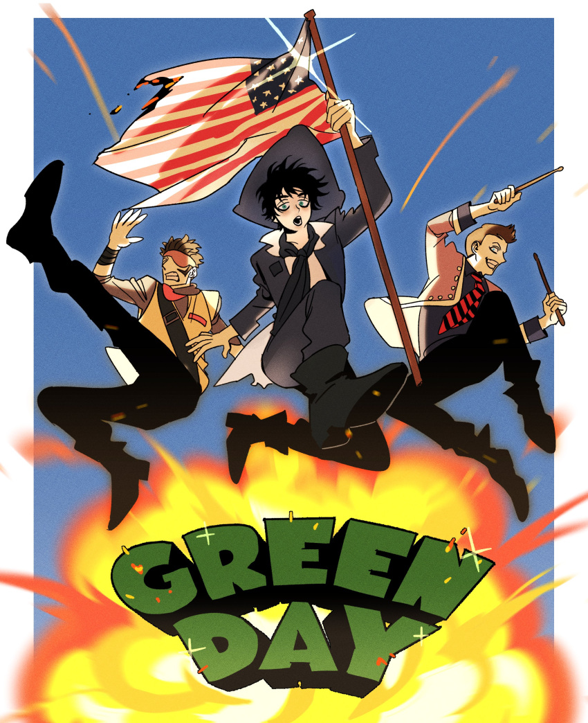 >_<, 3boys, absurdres, american_flag, american_idiot, bandaged_wrist, bandages, baoul101552, billie_joe_armstrong, black_bandages, black_boots, black_hair, black_necktie, black_pants, black_shoes, blazer, blue_eyes, blue_sky, boots, border, brown_hair, burning, clenched_teeth, drumsticks, english_commentary, evil_grin, evil_smile, explosion, eyepatch, flag, full_body, green_day, green_eyes, grey_jacket, grey_pants, grey_shirt, grin, group_name, highres, holding, holding_drumsticks, holding_flag, jacket, jumping, kicking, leg_up, long_sleeves, looking_at_viewer, male_focus, midair, mike_dirnt, motion_blur, multiple_boys, necktie, open_clothes, open_collar, open_jacket, open_mouth, outside_border, pale_skin, pants, real_life, red_necktie, scarf, shirt, shoes, short_hair, sideburns, sky, sleeve_cuffs, smile, sparks, striped_necktie, tareme, teeth, tre_cool, two-tone_necktie, very_short_hair, vest, white_border, white_shirt, white_vest
