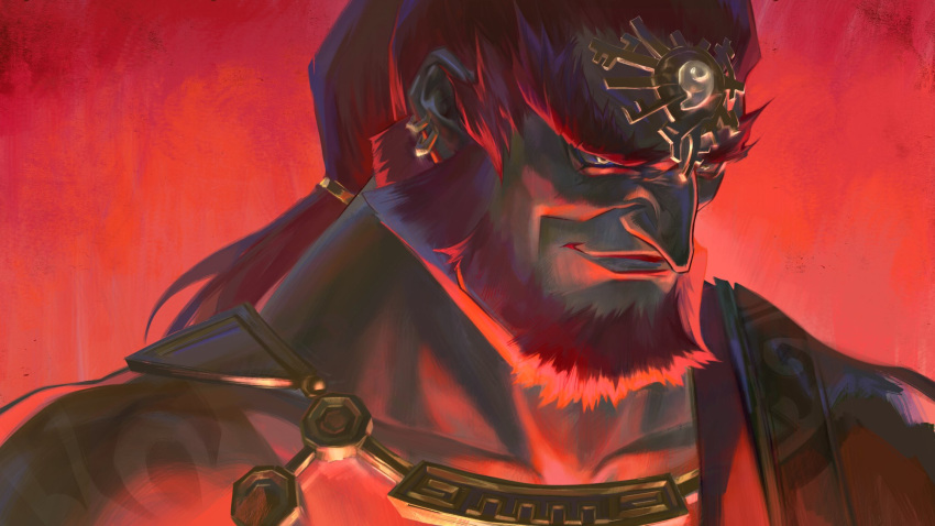 1boy, beard, closed_mouth, earrings, facial_hair, ganondorf, gold_earrings, gold_necklace, hashtag-only_commentary, highres, jewelry, low_ponytail, magatama, male_focus, muscular, muscular_male, necklace, peanut9021, ponytail, red_background, red_hair, shoulder_tattoo, smile, solo, tattoo, the_legend_of_zelda, the_legend_of_zelda:_tears_of_the_kingdom, thick_eyebrows, upper_body