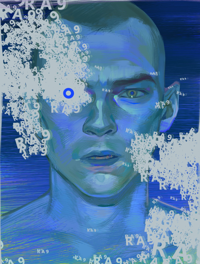 1boy, android, blue_background, blue_pupils, collarbone, dark-skinned_male, dark_skin, detroit:_become_human