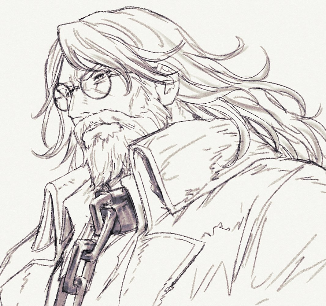 1boy, beard, chain, coat, commentary_request, facial_hair, glasses, greyscale