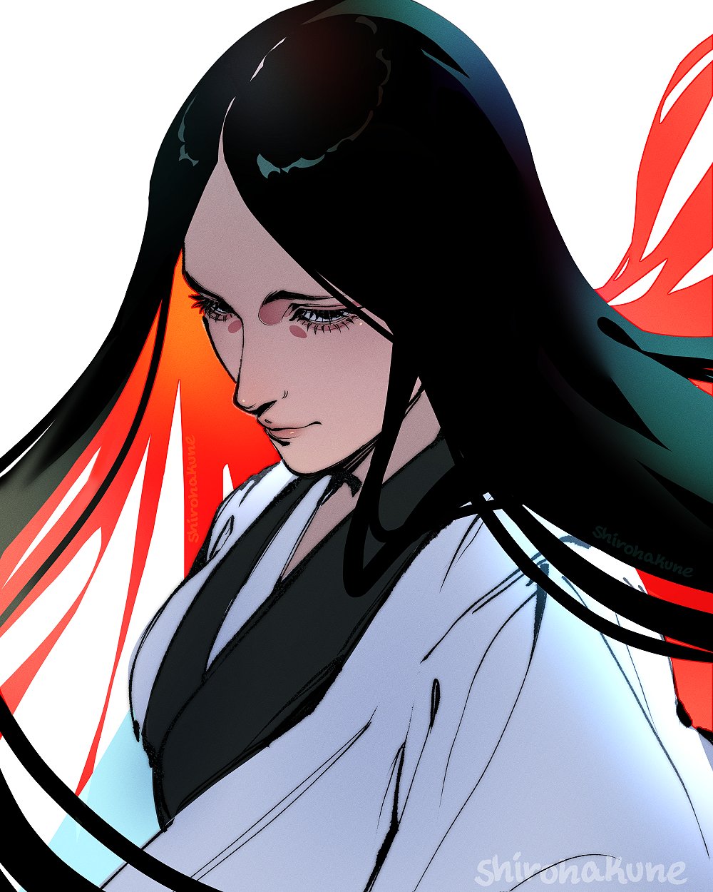 1girl, artist_name, black_hair, black_kimono, bleach, breasts, closed_mouth, half-closed_eyes