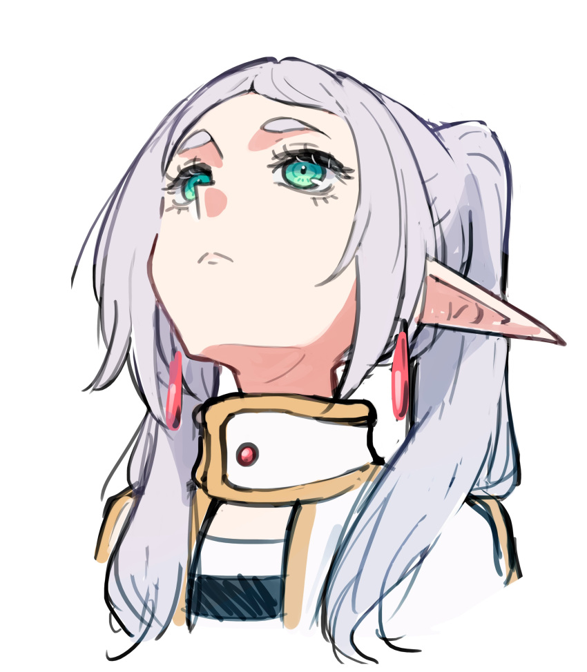 1girl, absurdres, capelet, commentary, cropped_shoulders, english_commentary, frieren, frown