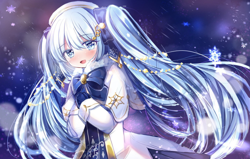 1girl, aqua_eyes, aqua_hair, beret, blue_bow, blue_gloves, blue_tabard, blush
