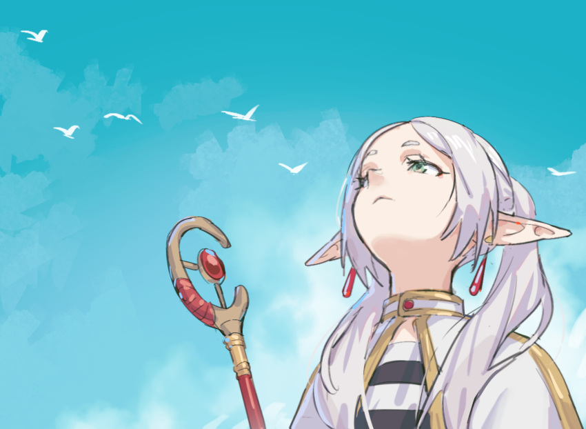 1girl, bird, blue_sky, capelet, clouds, commentary, earrings, elf
