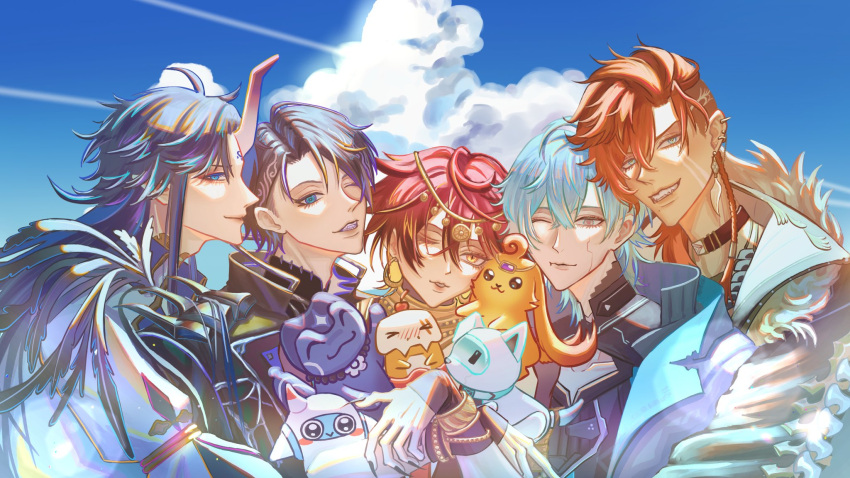 5boys, 6_notfound, ahoge, altus_zendoji, black_choker, black_nails, blue_background, blue_eyes