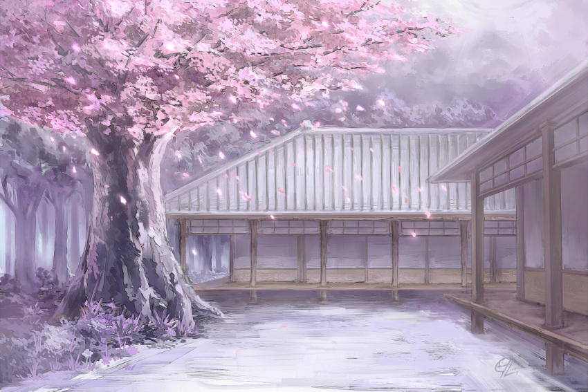 c.z., cherry_blossoms, east_asian_architecture, forest, grass, hakugyokurou, house, nature, no_humans, scenery, sky, touhou, tree
