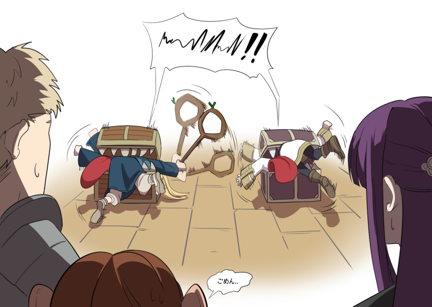 3boys, 3girls, chilchuck_tims, dungeon_meshi, elf, fern_(sousou_no_frieren), flailing, frieren, frieren_stuck_in_a_mimic_(meme), highres, laios_touden, marcille_donato, meme, mimic, mimic_chest, mong91, multiple_boys, multiple_girls, pointy_ears, sharp_teeth, sousou_no_frieren, speech_bubble, staff, sweatdrop, teeth, tongue, tongue_out