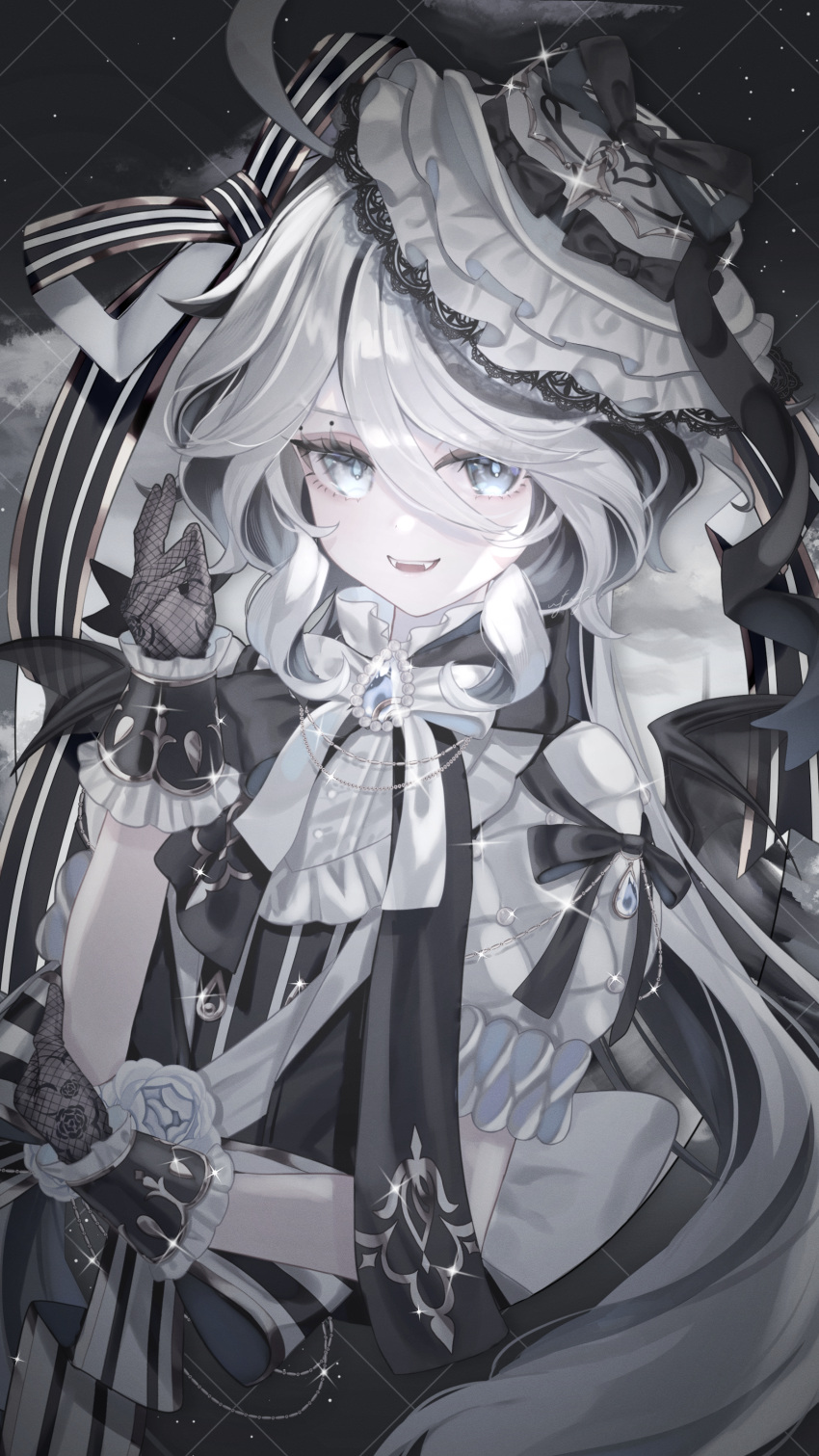 1girl, absurdres, ahoge, alternate_costume, anninufufu, ascot, black_gloves, black_ribbon, blue_eyes, blush, bow, breasts, fang, fishnet_gloves, fishnets, flower, furina_(genshin_impact), gem, genshin_impact, gloves, grid_background, hair_between_eyes, hair_bow, hat, highres, jewelry, long_hair, looking_at_viewer, monochrome, multicolored_hair, open_mouth, pale_skin, ribbon, rose, small_breasts, smile, solo, solo_focus, streaked_hair, symbol-shaped_pupils, vampire_costume, white_flower, white_hair, white_hat, white_rose, wrist_cuffs