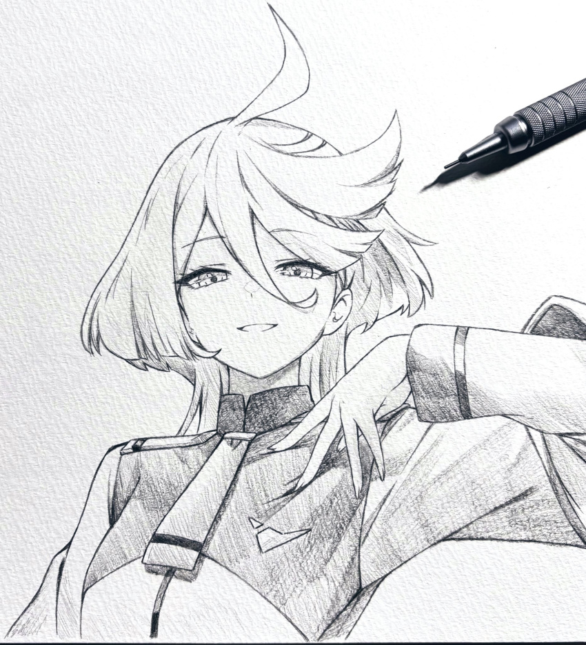 1girl, ahoge, art_tools_in_frame, graphite_(medium), greyscale, gundam, gundam_suisei_no_majo, hair_between_eyes