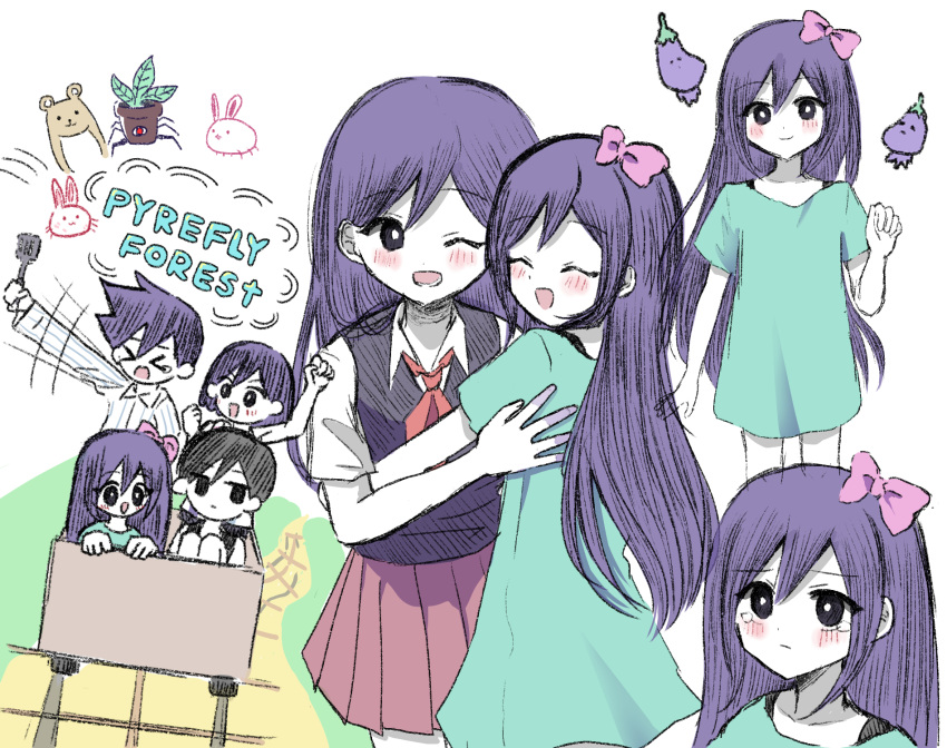 >_<, 2girls, 3boys, alternate_eye_color, arm_up, aubrey_(headspace)_(omori), aubrey_(omori), black_tank_top