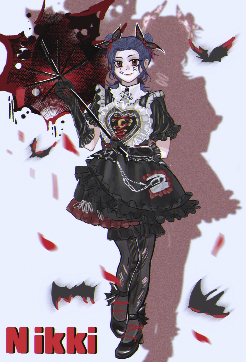 1girl, animal, ankle_boots, bat_(animal), black_bloomers, black_bow, black_dress, black_gloves