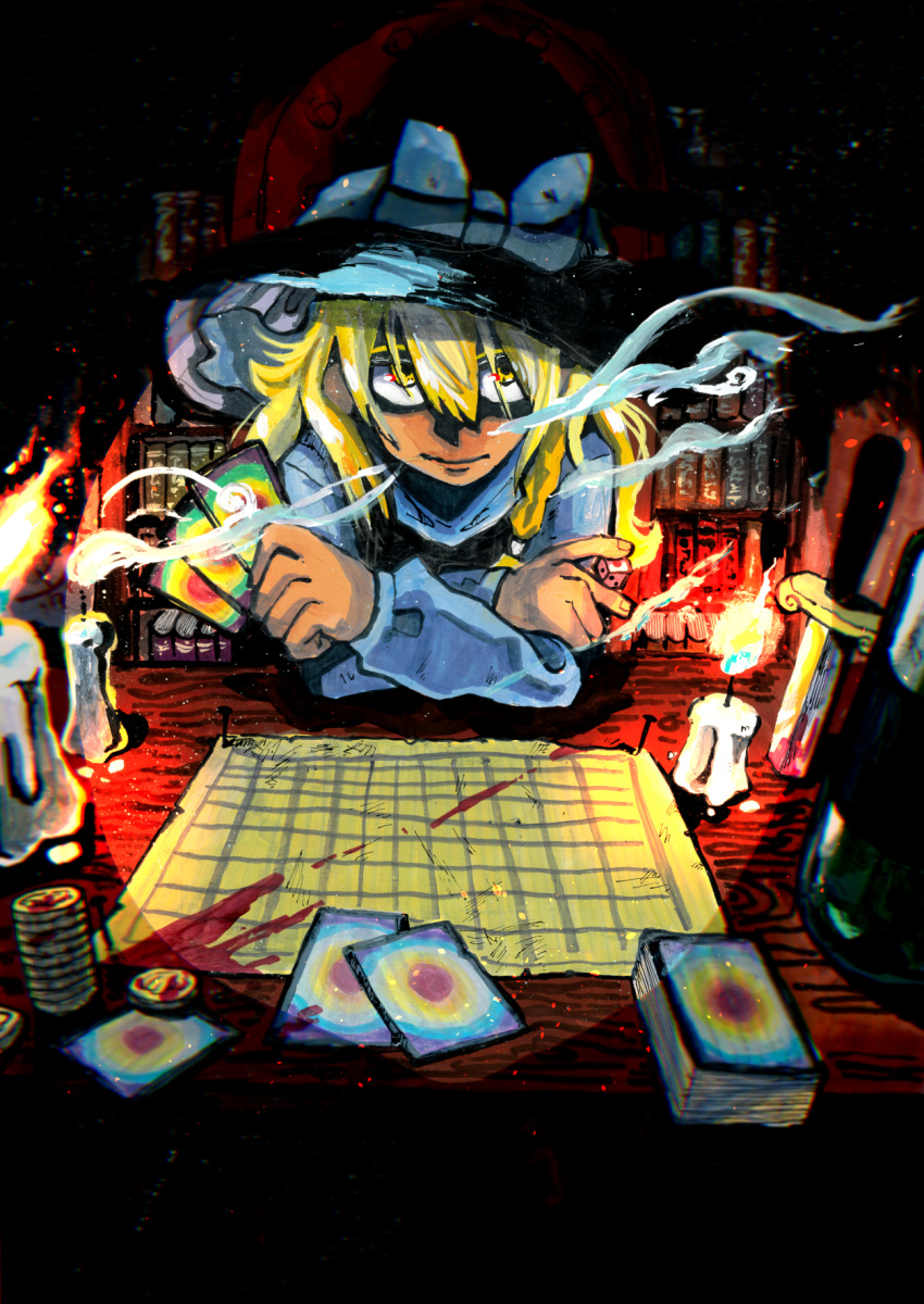 1girl, blonde_hair, blood, blood_splatter, book, bookshelf, bottle, bow, braid, candle, candle_wax, card, coin, coin_stack, crossed_arms, dagger, dice, embers, facing_viewer, fire, frills, hair_between_eyes, hat, hat_bow, highres, holding, holding_card, holding_dice, inuyama_konan, kirisame_marisa, knife, leaning_on_table, long_hair, nail_(hardware), shaded_face, single_braid, smile, smoke, smoke_trail, spell_card, table, touhou, weapon, white_bow, witch_hat, yellow_eyes