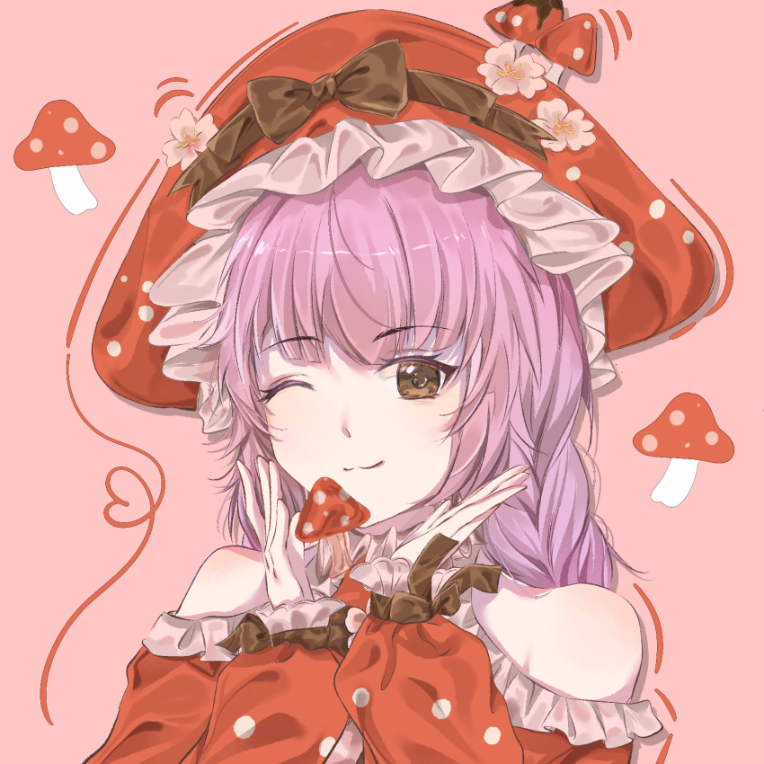 1girl, bare_shoulders, blunt_bangs, bow, braid, brown_bow, brown_eyes, cherry_blossoms