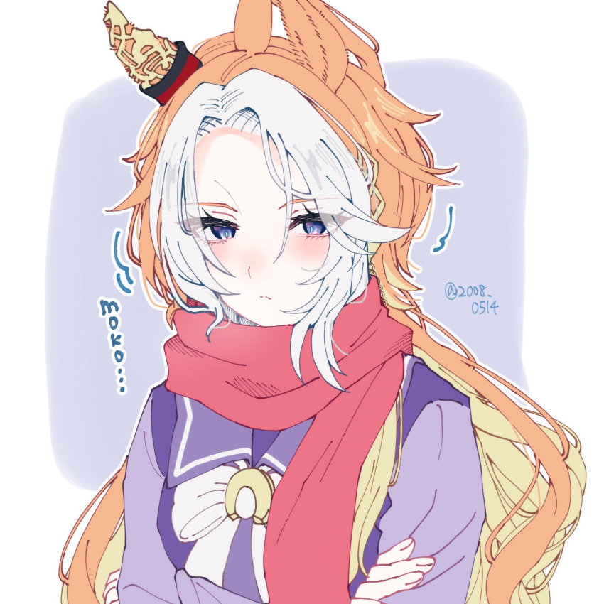 2008_0514, ahoge, animal_ears, blue_eyes, blush, bow, bowtie, closed_mouth, crossed_arms, ear_covers, highres, horse_ears, horse_girl, long_hair, long_sleeves, looking_at_viewer, multicolored_hair, orange_hair, orfevre_(umamusume), purple_sailor_collar, purple_serafuku, purple_shirt, red_scarf, sailor_collar, sailor_shirt, scarf, school_uniform, serafuku, shirt, single_ear_cover, tracen_school_uniform, two-tone_hair, umamusume, upper_body, white_bow, white_bowtie, white_hair