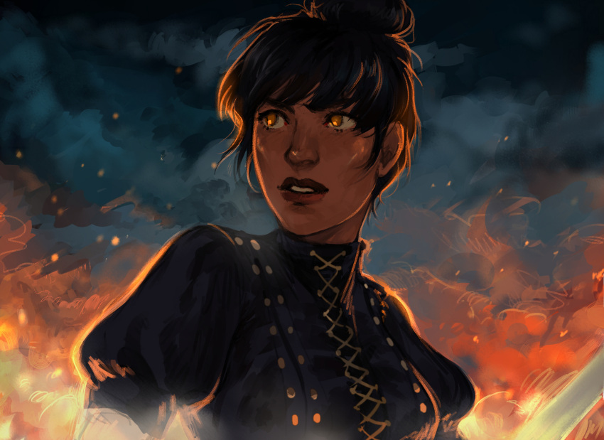 1girl, arrapso, blue_vest, breasts, burning, clouds, cloudy_sky, dark-skinned_female