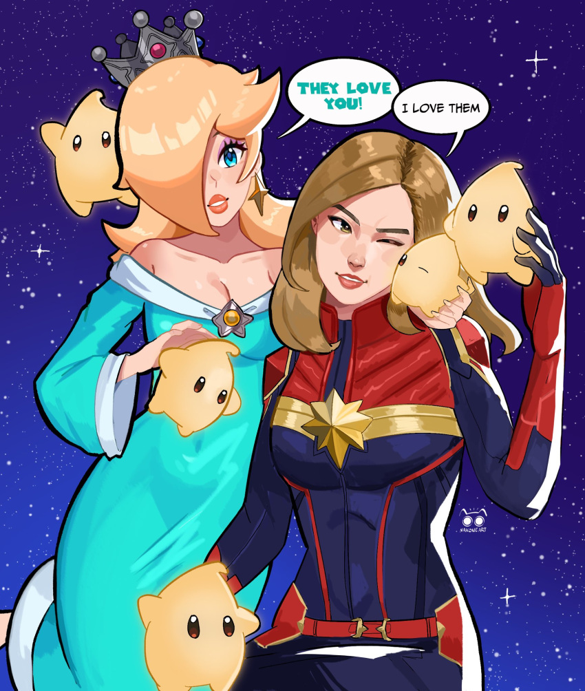 2girls, bare_shoulders, blonde_hair, blue_dress, bodysuit, breasts, brie_larson, captain_marvel, captain_marvel_(movie), carol_danvers, cheek_press, crown, dress, hair_over_one_eye, highres, luma_(mario), marvel, multiple_girls, multiple_others, nakoneart, space, speech_bubble, strapless, strapless_dress, super_mario_bros., super_mario_galaxy, superhero_costume, the_super_mario_galaxy_movie, voice_actor_connection, wide_sleeves