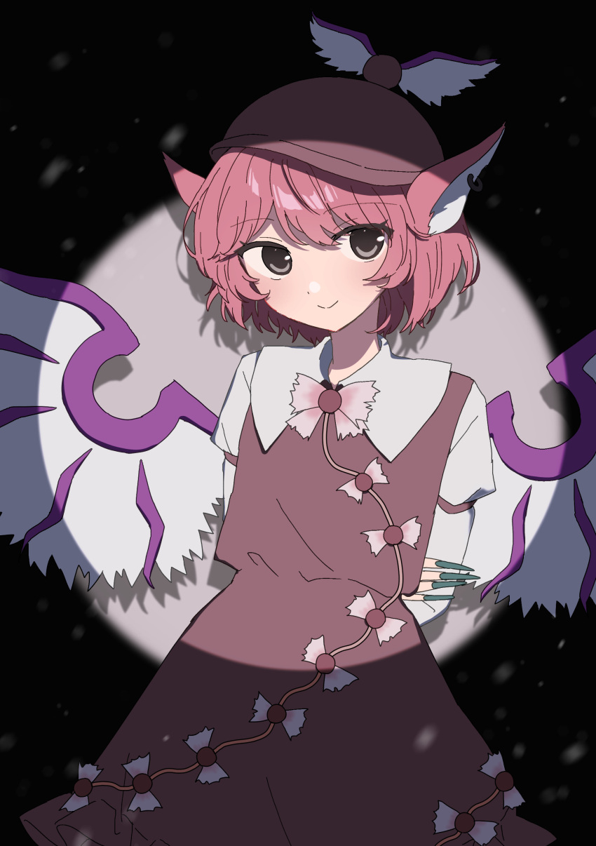 144udy, 1girl, absurdres, arms_behind_back, bird_wings, blush, brown_dress, brown_hat, commentary, dress, earrings, hat, highres, jewelry, looking_at_viewer, mystia_lorelei, pinafore_dress, pink_hair, shirt, short_hair, sleeveless, sleeveless_dress, smile, solo, touhou, white_shirt, wings